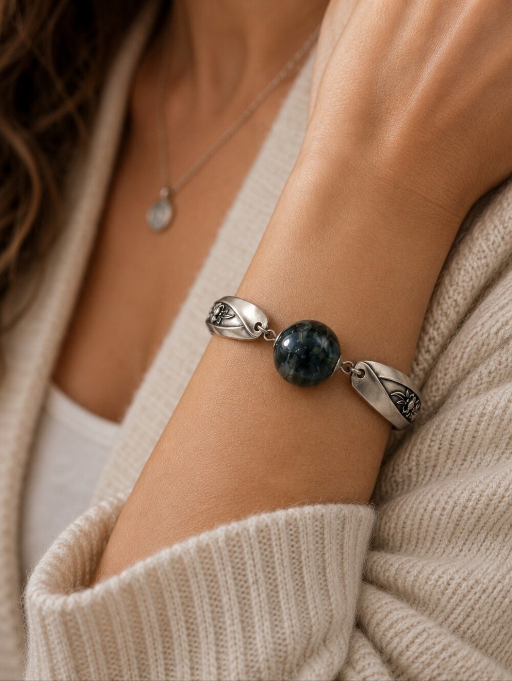 Handmade Spoon Bracelet w/Lampwork Glass Bead Magnetic Clasp Vintage Silverplate